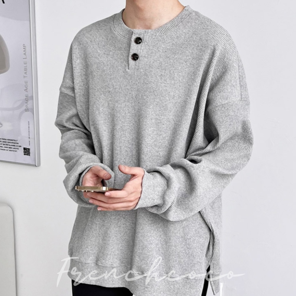 프렌치코코 남성 단추 맨투맨 탄탄한 골지 미니멀 상의 (국내생산) - 상품 이미지