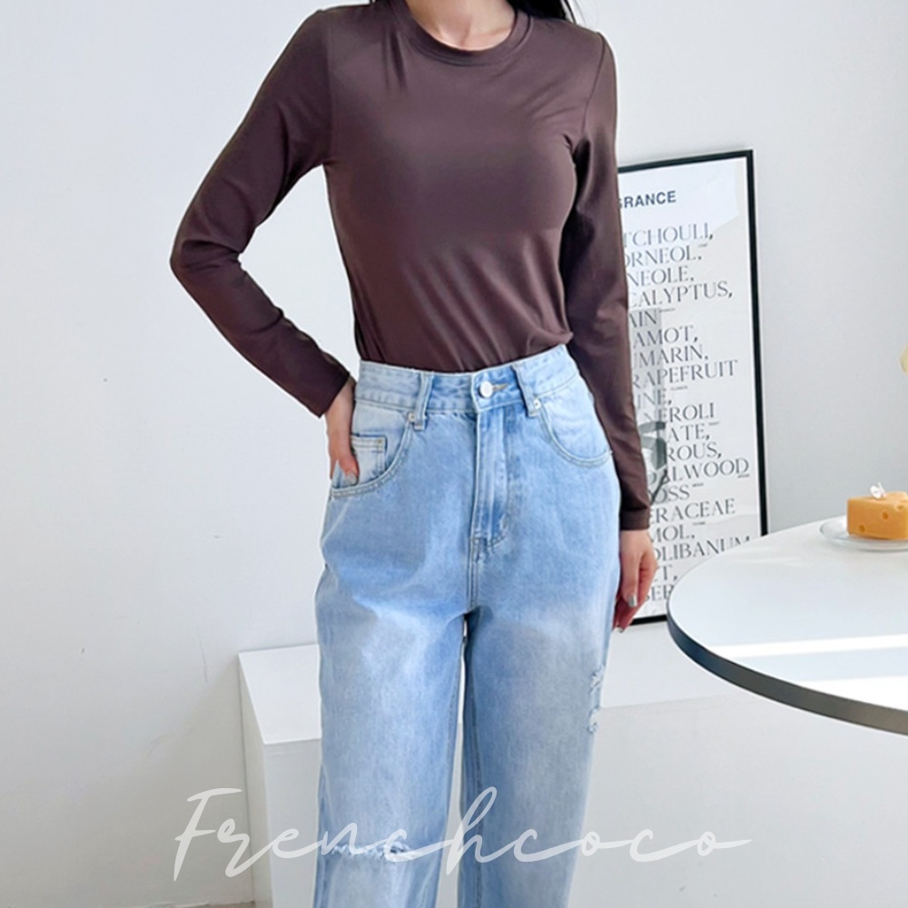 프렌치코코 얇은 긴팔 이너 티셔츠 라운드넥 자켓이너 - 상품 이미지