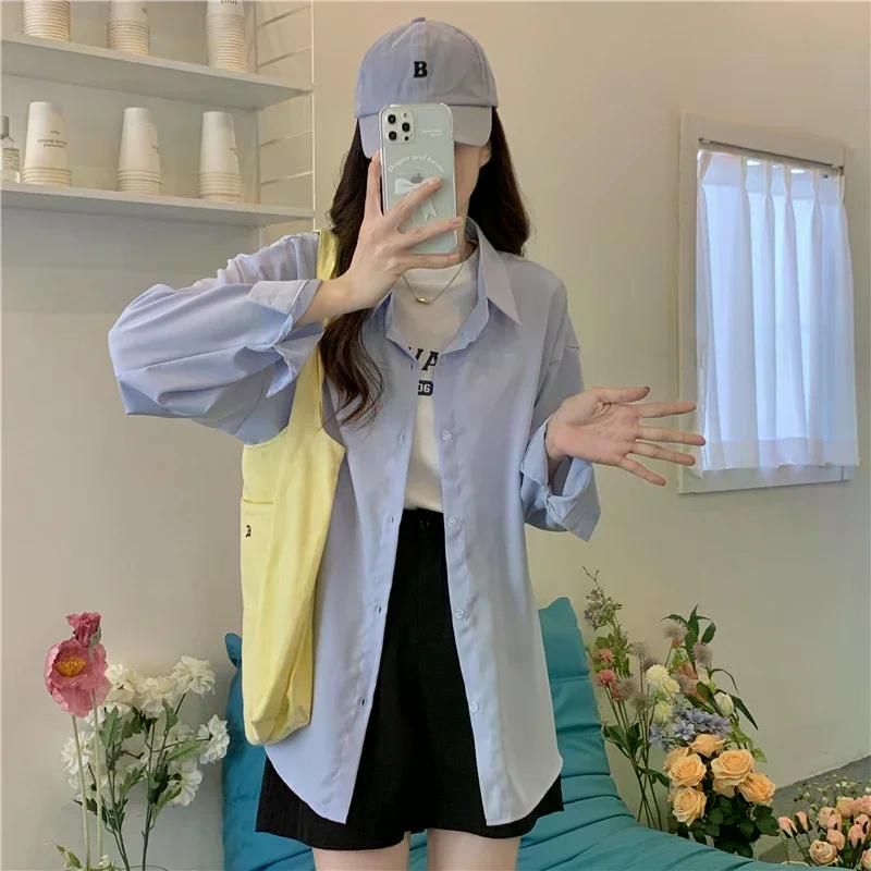 여친룩 새로운 루즈핏 다목적 캐주얼 여성 긴 소매 셔츠 자켓 세련된 탑 겉옷 블랙 - 상세 이미지 5