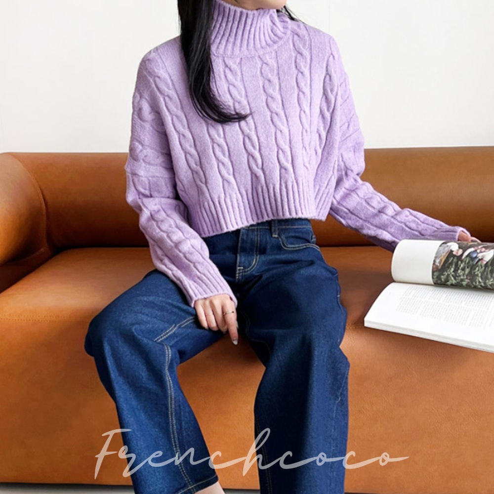 프렌치코코 여성 크롭 케이블 니트 목폴라 하이넥 꽈배기 상의 5color (국내생산) - 상품 이미지