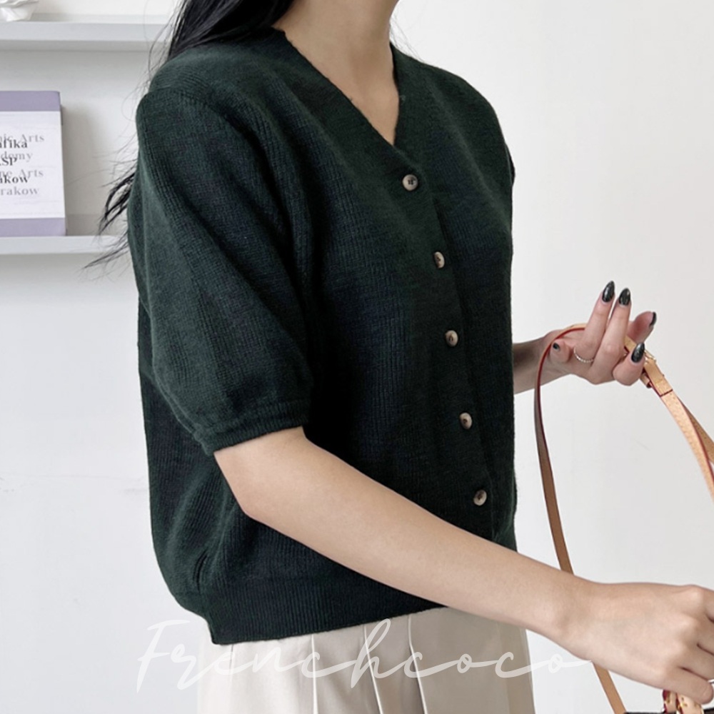프렌치코코 딥그린 브이넥 반팔가디건 간절기 니트가디건 (국내생산)