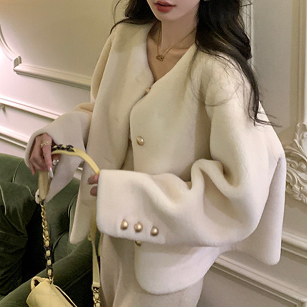 리얼양모 겨울 모피 램 울 브이넥 퍼자켓 - 상품 이미지