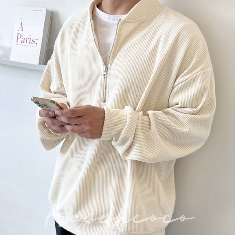 프렌치코코 코듀로이 맨투맨 반집업 가을 티셔츠 (국내생산) - 상품 이미지