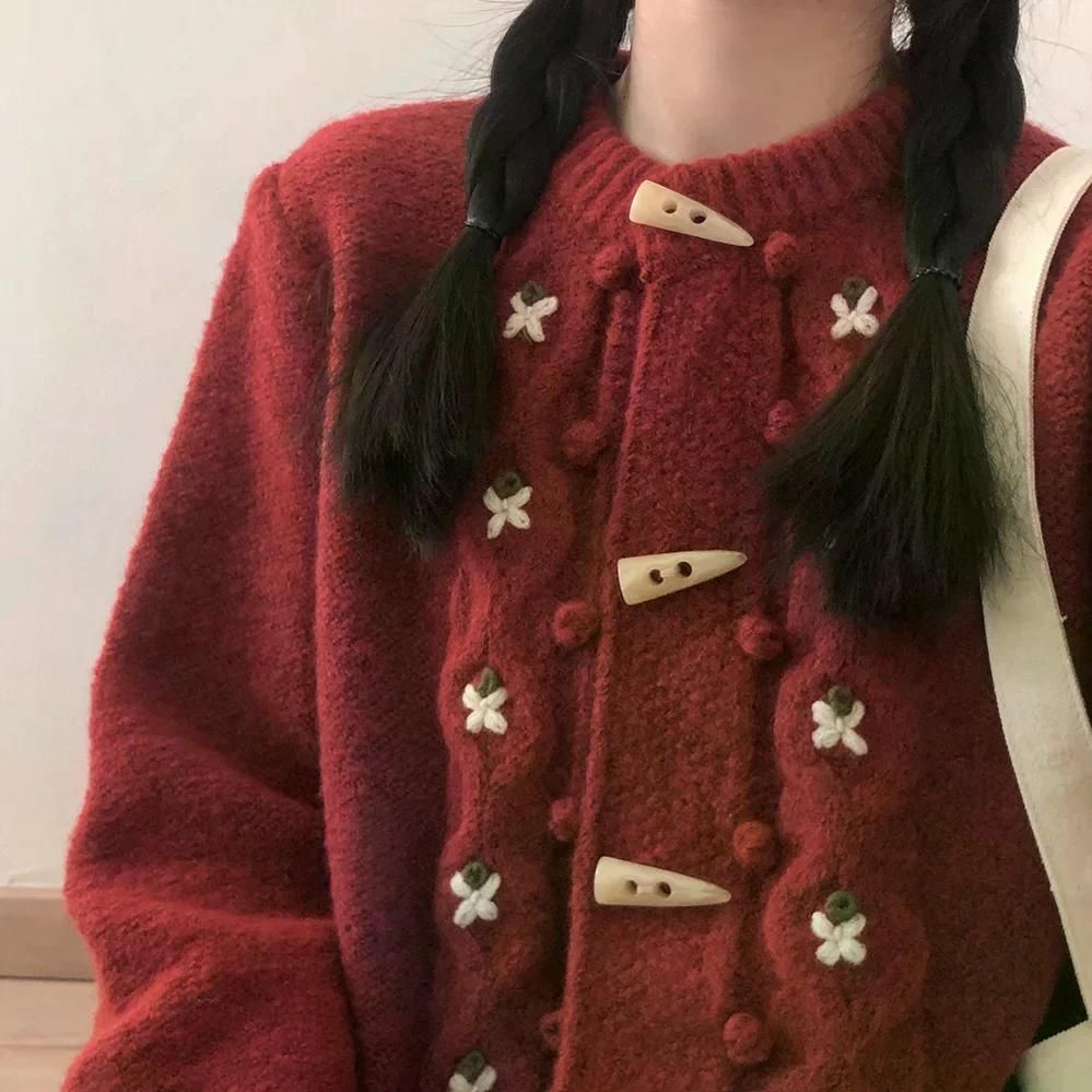 빈티지 일본식 니트 스웨터 가디건 레드 와인 베이지 크림 컬러 사이즈 가을 호른 크롭 자켓 베이지 살구 M - 상세 이미지 3