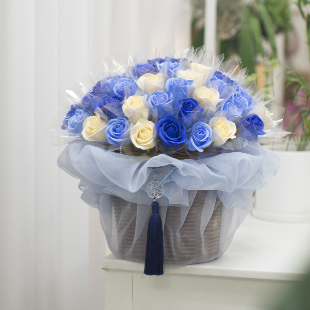 돈꽃바구니 60송이 파랑 비누 장미꽃 환갑 칠순 용돈 이벤트