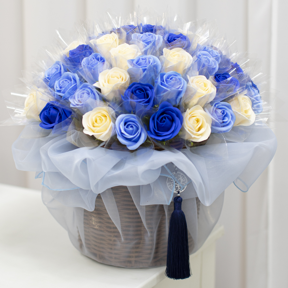 돈꽃바구니 60송이 파랑 비누 장미꽃 환갑 칠순 용돈 이벤트