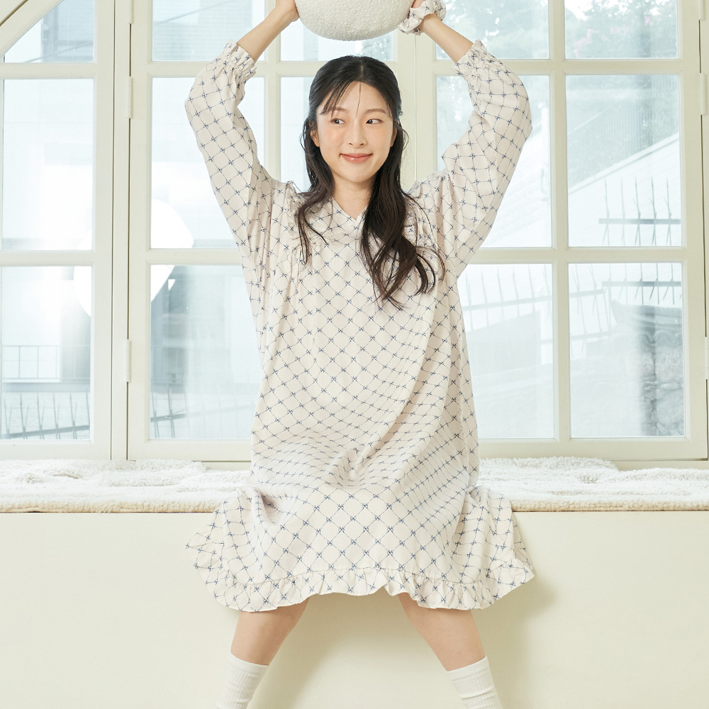 블루리본 여성 모달 면 긴팔 원피스 잠옷 홈웨어 파자마 - 상세 이미지 3