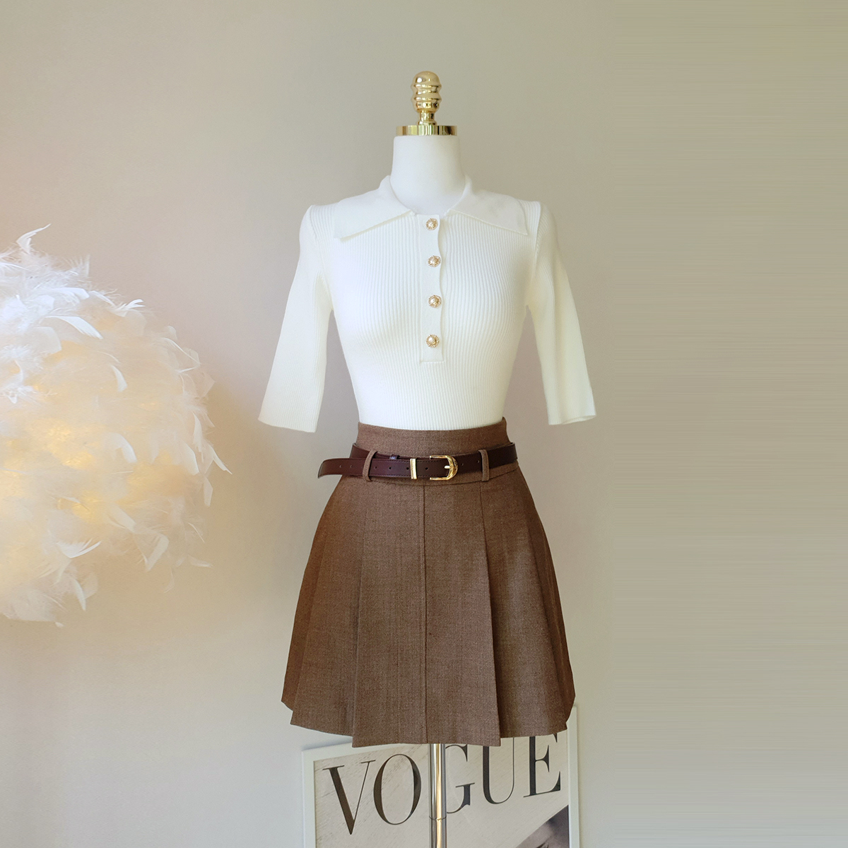 [수입] 고급 레더 벨트 플리츠 미니 스커트 (Color)