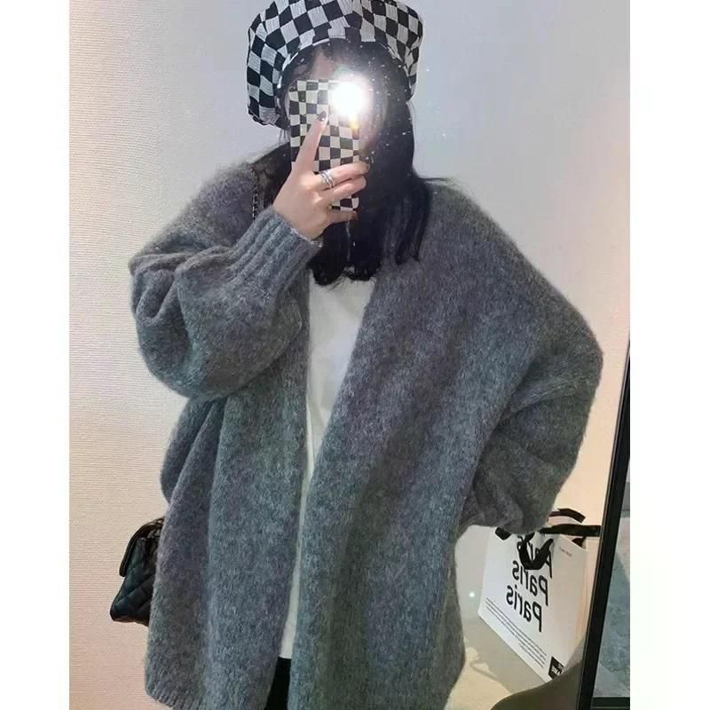 여친룩 부드러운 스타일 가디건 여성 느슨한 가을과 겨울 하이 센스 작은 니트 스웨터 겉옷 Grey 2XL (62.5-72.5kg) - 상세 이미지 4