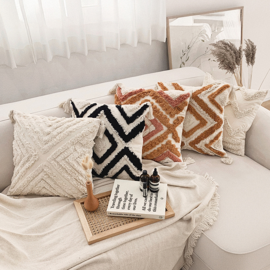 유월가게 에스닉 모로칸 자수 린넨 태슬 보헤미안 쿠션 커버 지그재그크림