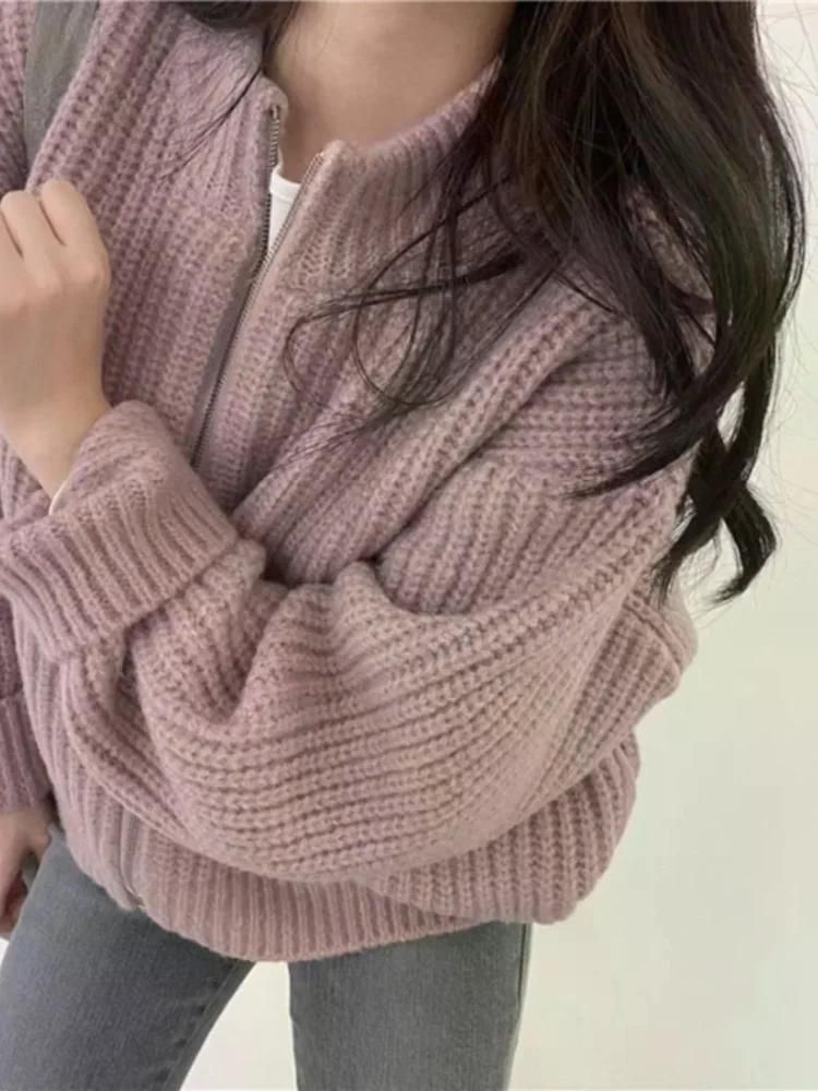 여친룩 가을 겨울 가디건 스웨터 자켓 루즈핏 긴 소매 집업 니트 탑 여성 라운드 꽈배기 살구색 - 상세 이미지 5