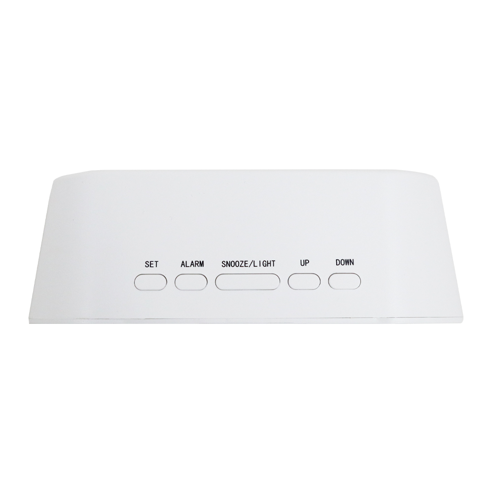 흰색 탁상시계의 하단부 제어 버튼을 보여주는 후면 각도 촬영으로 SET, ALARM, SNOOZE/LIGHT, UP, DOWN 버튼이 배치되어 있는 모습