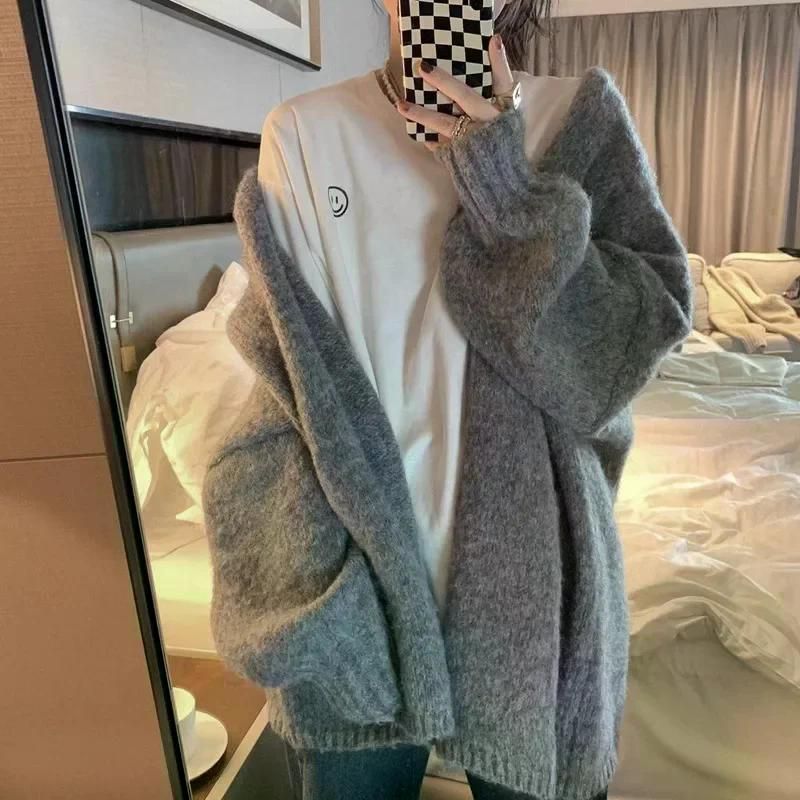 여친룩 부드러운 스타일 가디건 여성 느슨한 가을과 겨울 하이 센스 작은 니트 스웨터 겉옷 Grey 2XL (62.5-72.5kg) - 상세 이미지 2