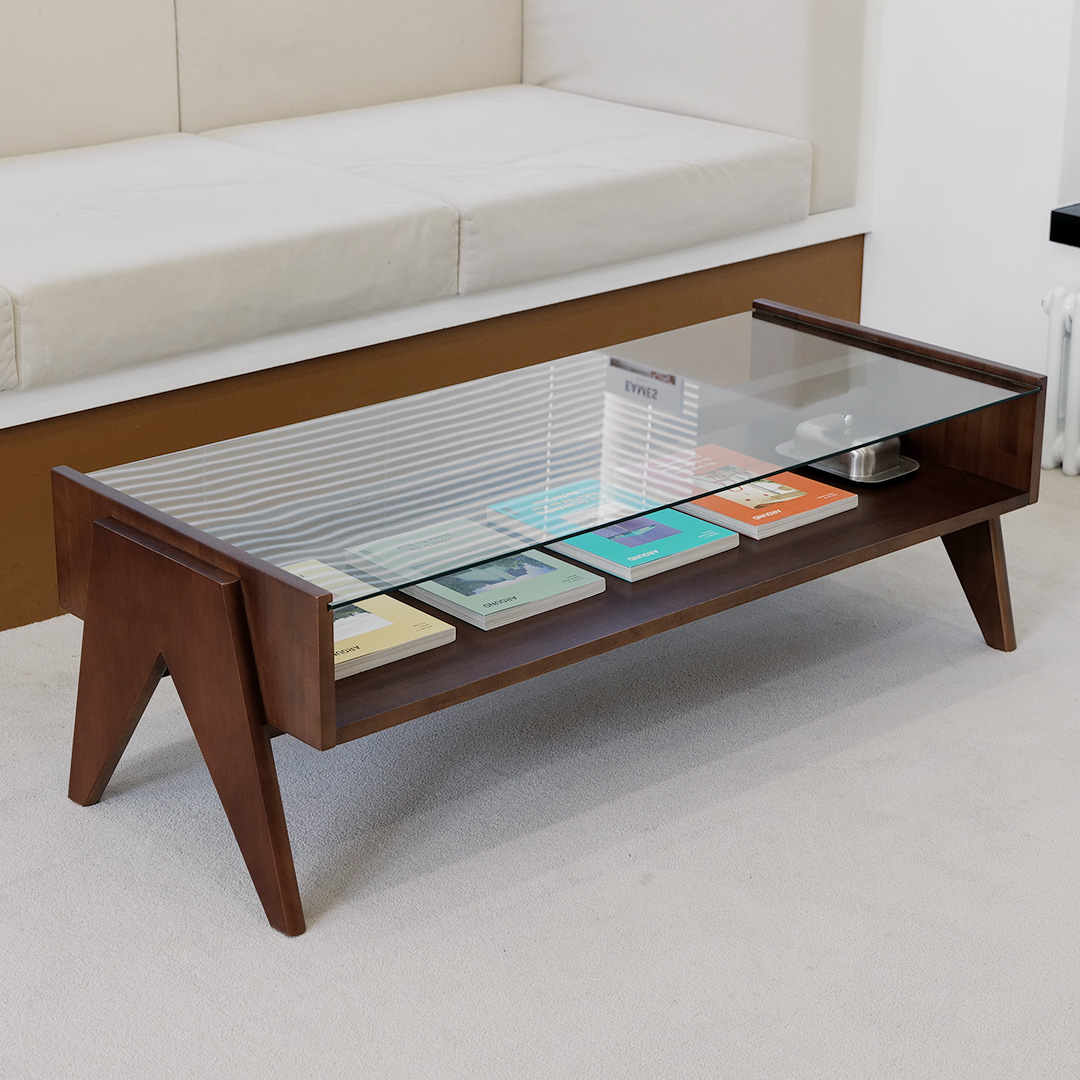 자야캠핑 오울루 2단 원목 좌식 거실 카페 유리 소파 테이블 월넛 1200