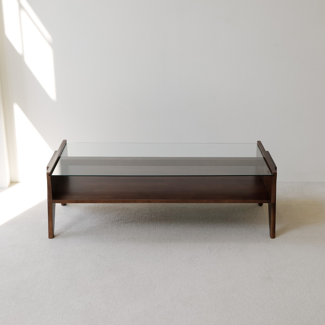 자야캠핑 오울루 2단 원목 좌식 거실 카페 유리 소파 테이블 월넛 1200