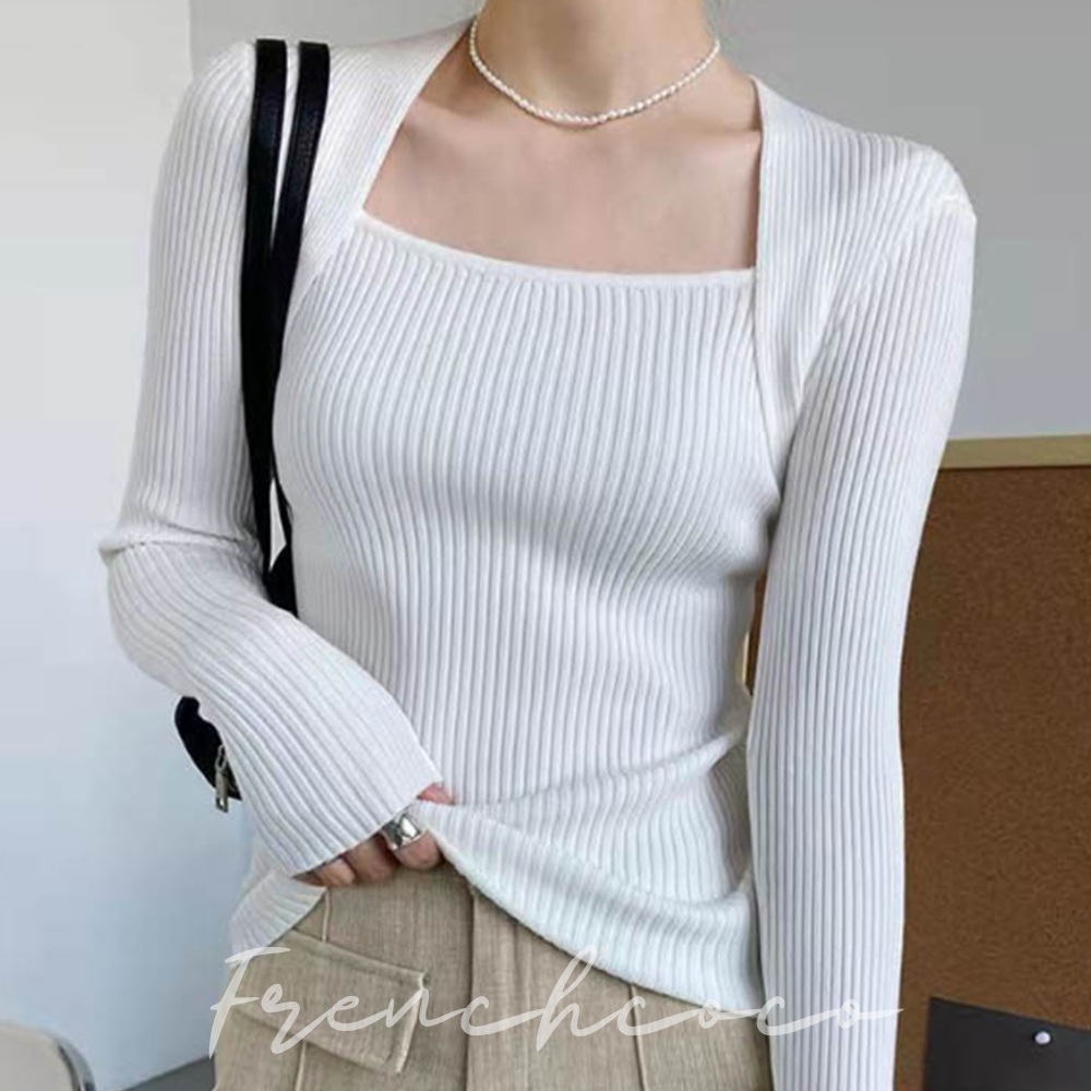 프렌치코코 스퀘어넥 니트 슬림핏 가을 니트티 티셔츠