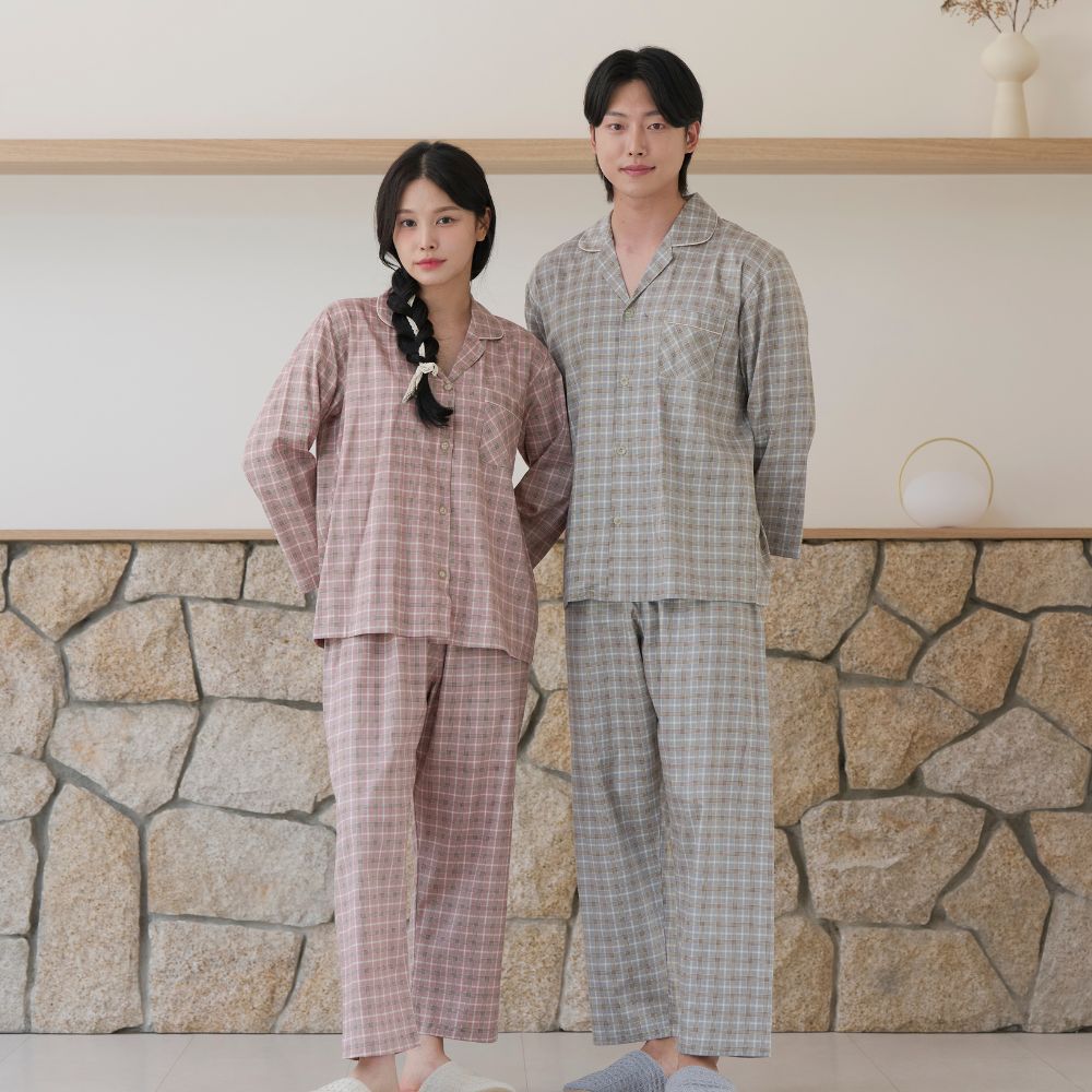 신혼잠옷 순면 커플 여성 남성 잠옷 파자마 세트 글렘체크 - 상세 이미지 2