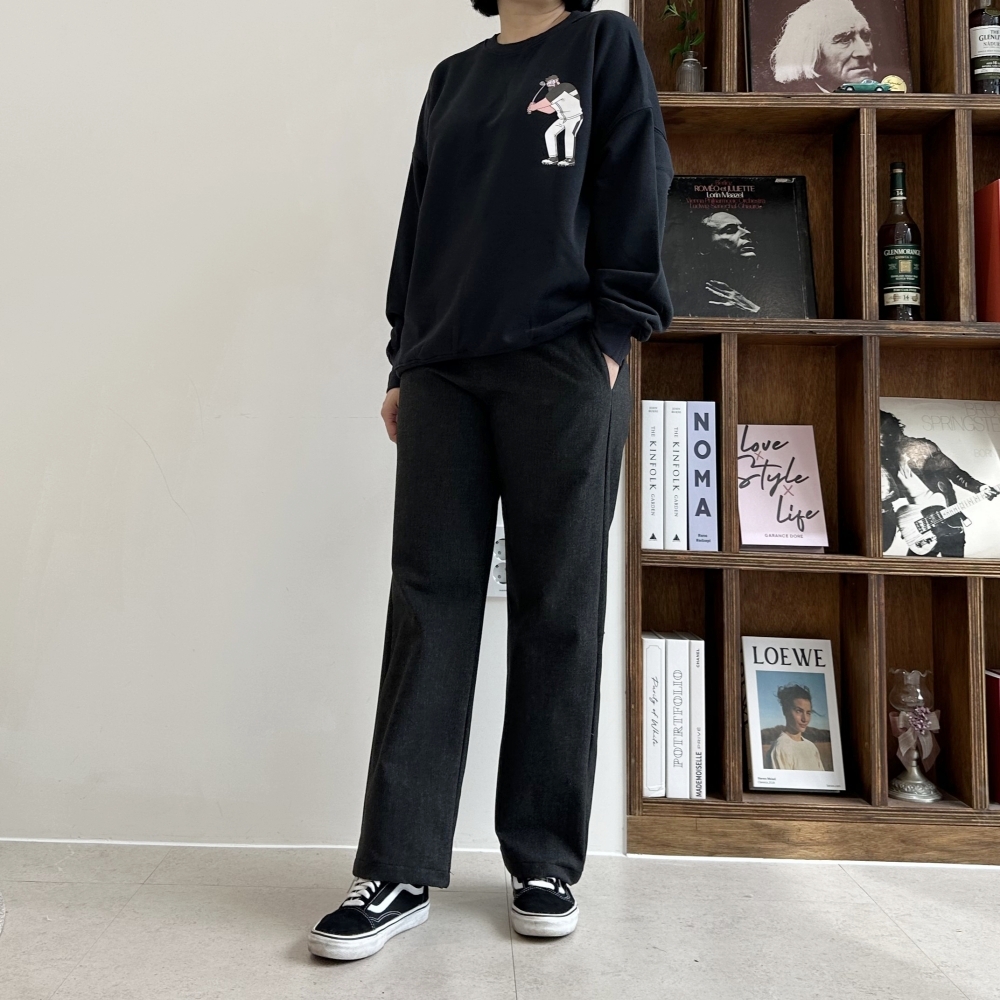 겨울 기모 안감 데일리 여성 맨투맨 티셔츠 레터링 라운드넥 오버핏 박시 블랙 그레이 - 상세 이미지 5