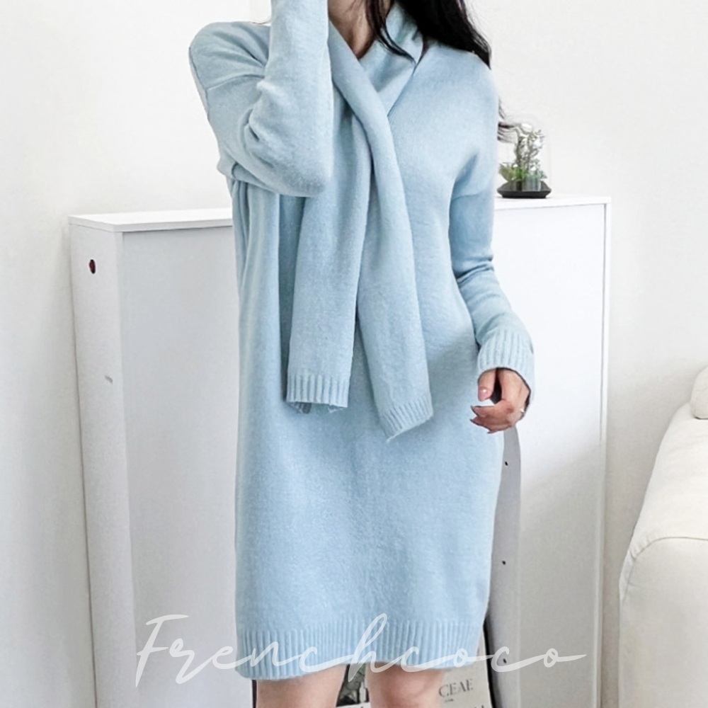 프렌치코코 여리여리 하늘색 니트 원피스 롱니트원피스 (국내생산)
