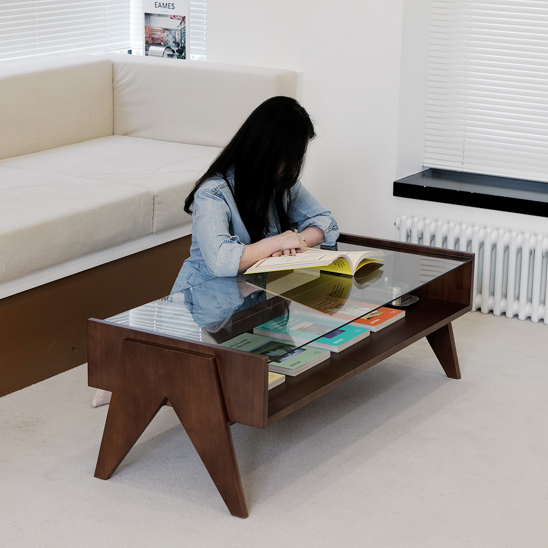 자야캠핑 오울루 2단 원목 좌식 거실 카페 유리 소파 테이블 월넛 1200