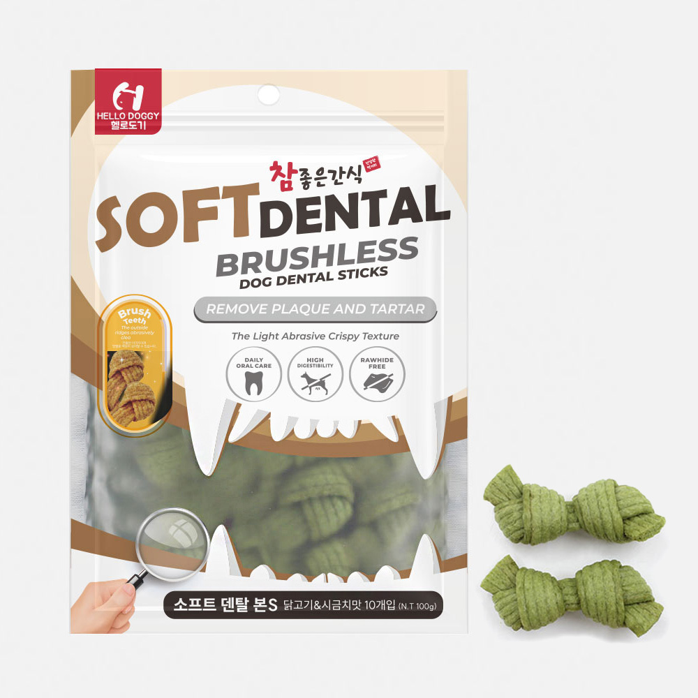 헬로도기 소프트덴탈껌 강아지덴탈스틱 치석제거 치킨+시금치 본타입, 100g, 1개 - 메인 이미지