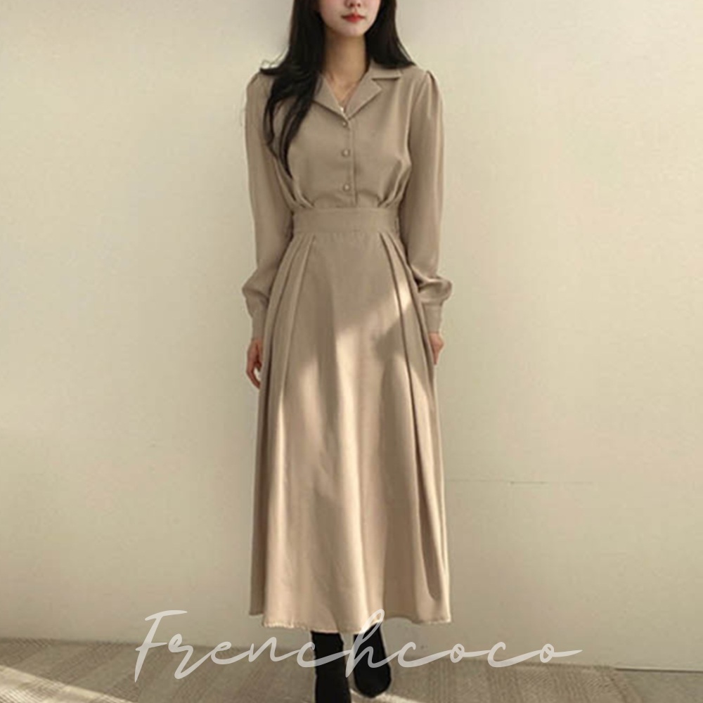 프렌치코코 가을 하객룩 핀턱주름 슬림 롱원피스