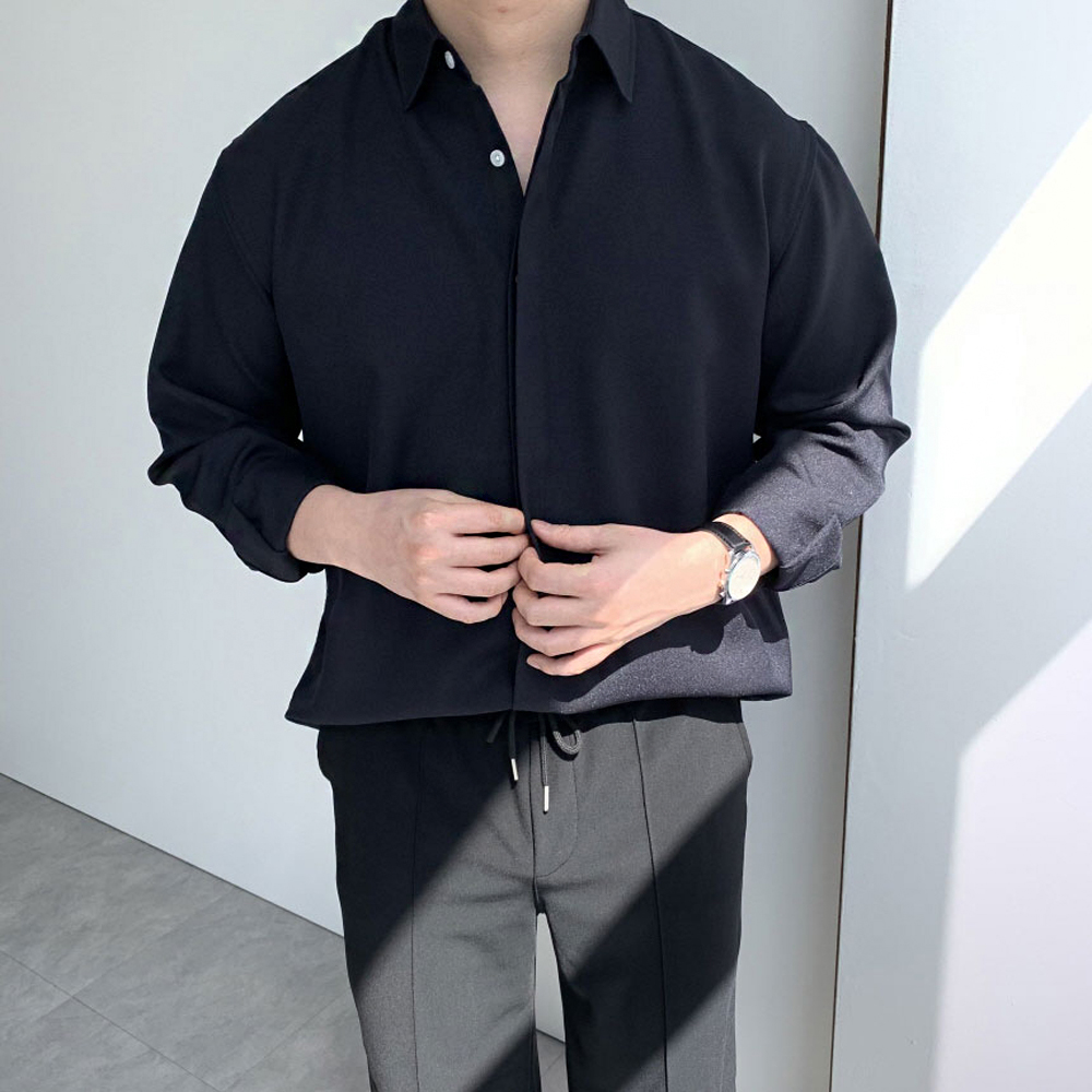 남자 와이셔츠 스판 봄 가을 사계절 구김없는 링클프리 오버핏 흰 흰색 블랙 셔츠 남방 - 상품 이미지