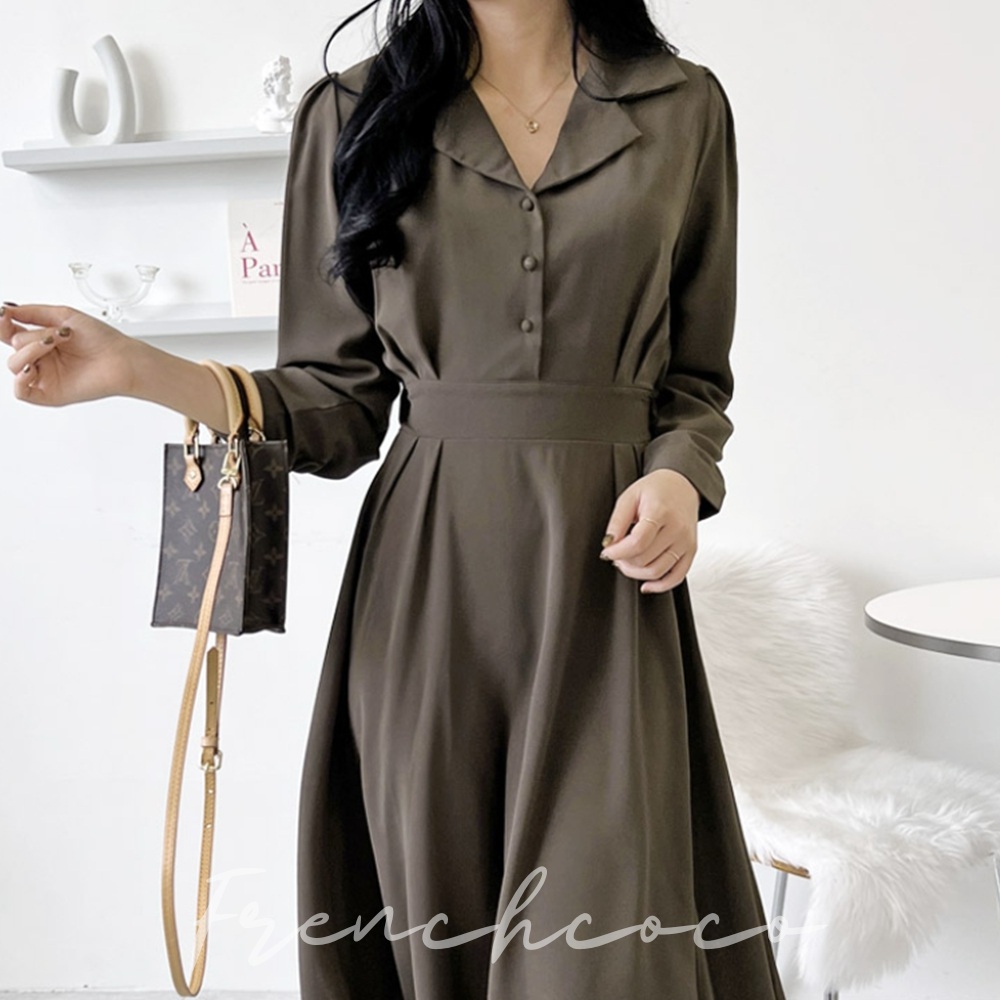 프렌치코코 여성 가을 하객룩 브이넥 분위기 핀턱 롱원피스