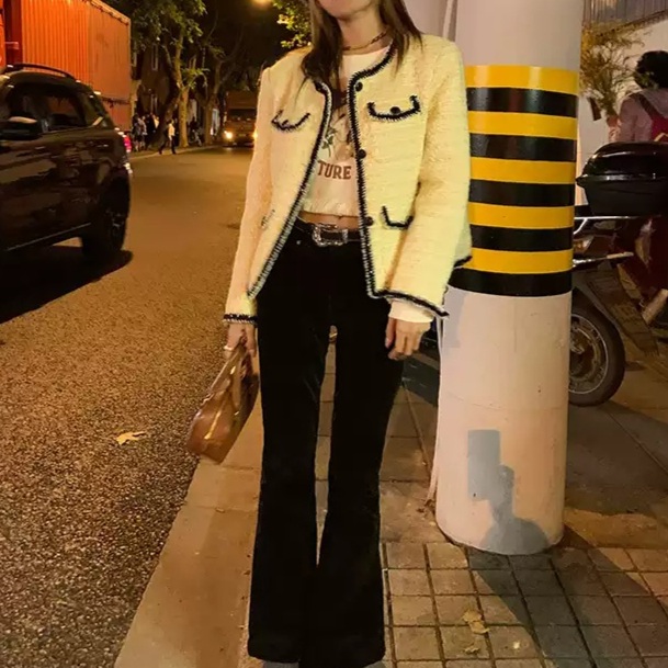 울포함 누빔 트위드자켓 노카라 고급 노란색 블랙스티치 포인트 하객룩 출근 패션 예쁜디자인 - 상세 이미지 2