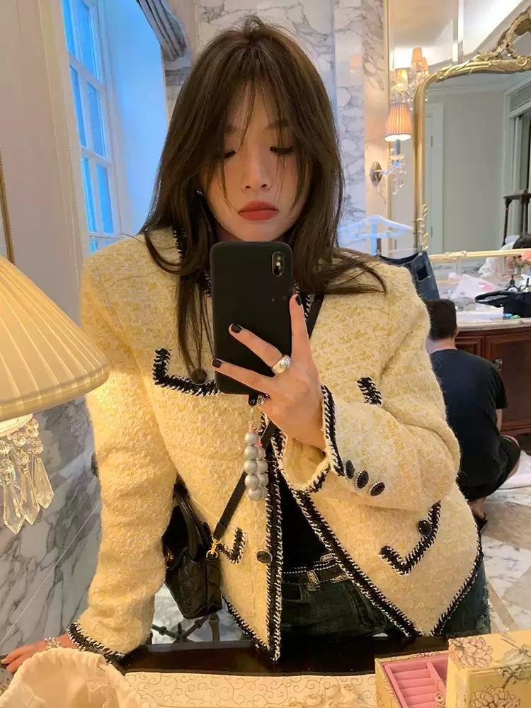 울포함 누빔 트위드자켓 노카라 고급 노란색 블랙스티치 포인트 하객룩 출근 패션 예쁜디자인 - 상세 이미지 5