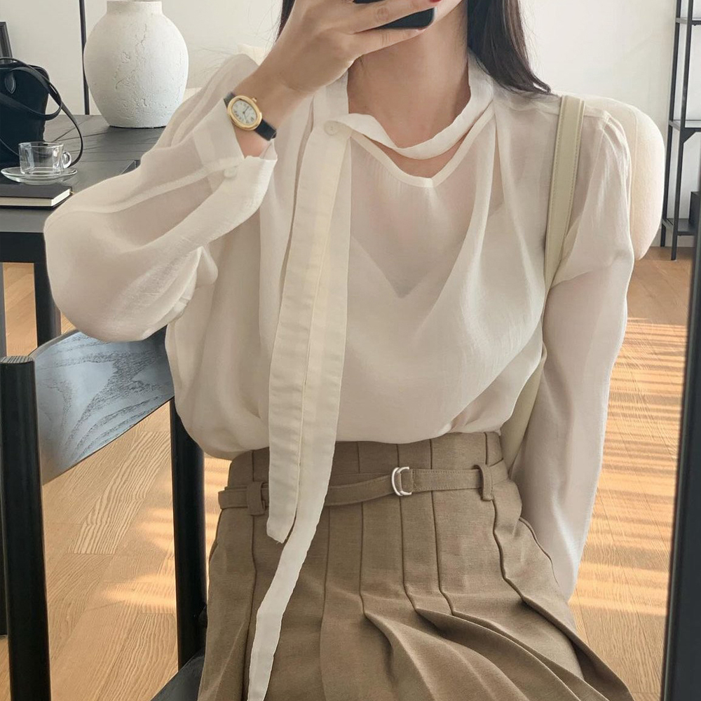 린네즈 타이 스카프 블라우스 (3color) 하객룩 하객블라우스 실크블라우스 - 상품 이미지