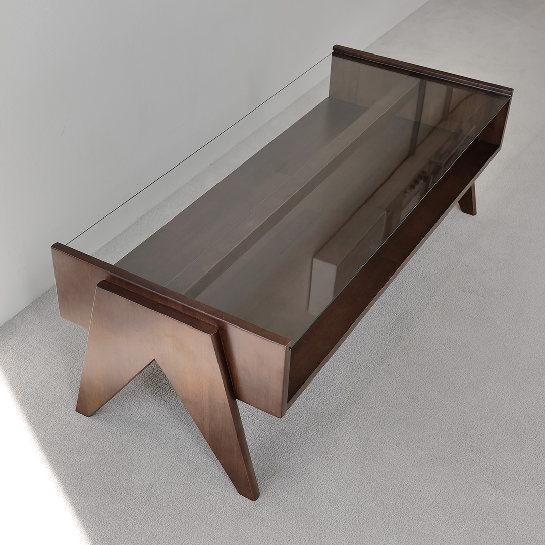 자야캠핑 오울루 2단 원목 좌식 거실 카페 유리 소파 테이블 월넛 1200