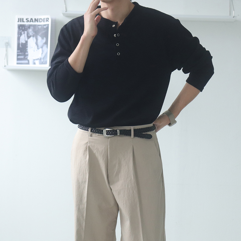 피케 티셔츠 오버핏 헨리넥 구김없는 남자 긴팔 티셔츠 - 상세 이미지 3