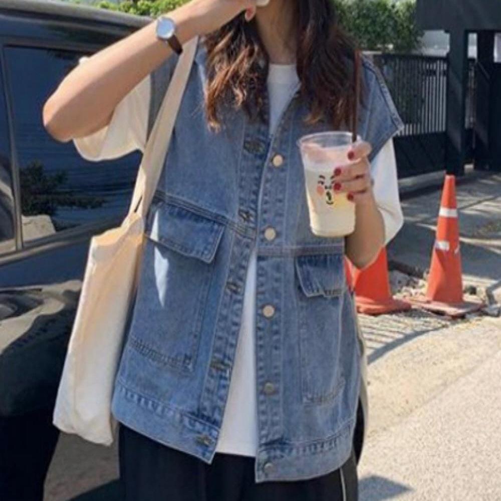 오버핏 청조끼 여름 데님 베스트 빅사이즈 여성 여름 청조끼 - 메인 이미지