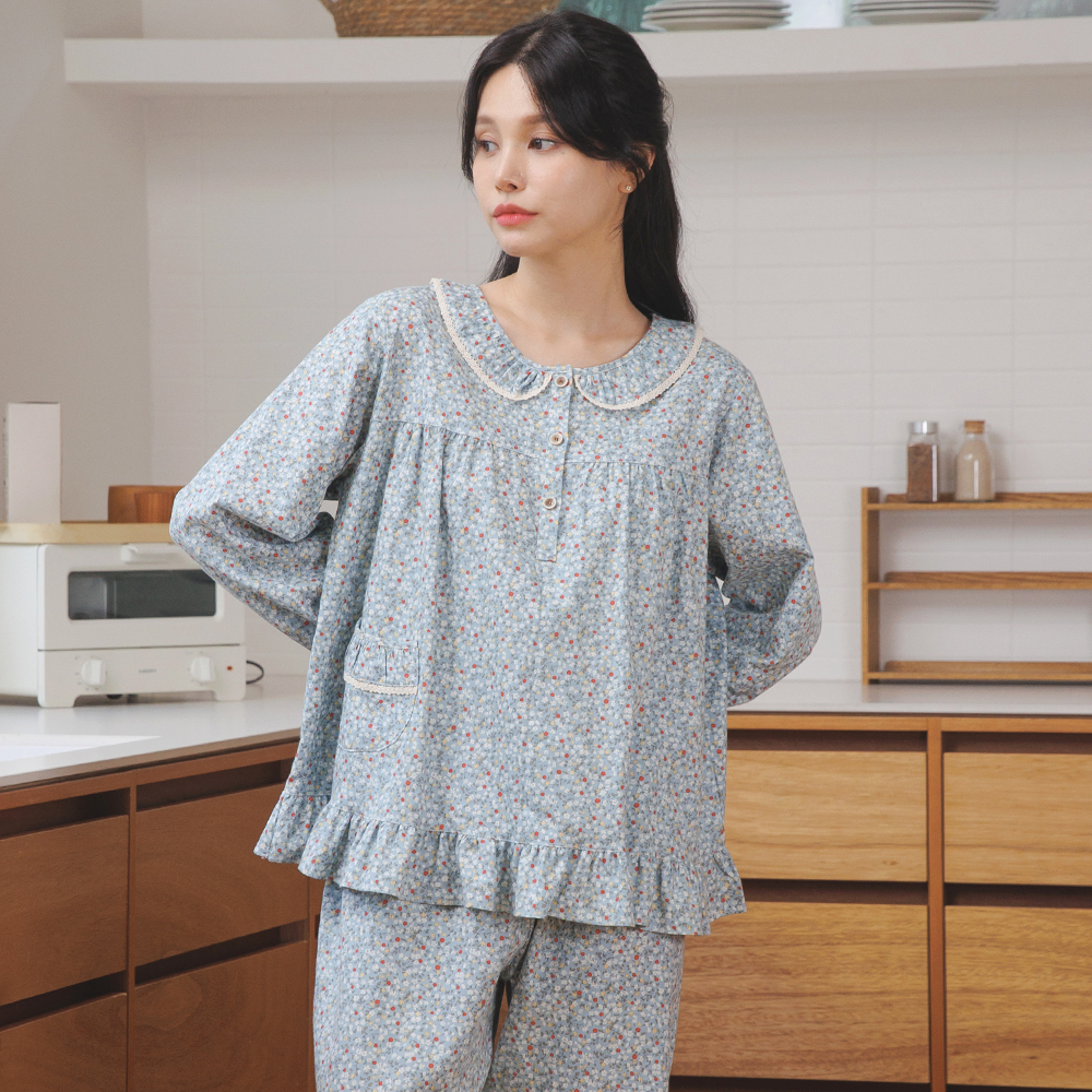 여자잠옷 순면 여성 잠옷 파자마 세트 플라워 꽃무늬 로맨틱 프릴 플러피 - 상세 이미지 4