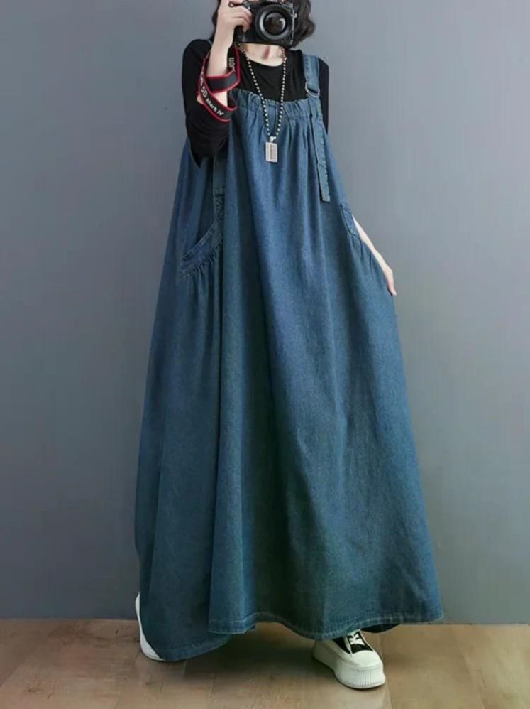 여친룩 원피스 가을 긴 빈티지 루즈 피트 슬리밍 데님 오버 사이즈 와이드 라인 스커트 60.00 kg-67.50 kg (블루) - 상세 이미지 5