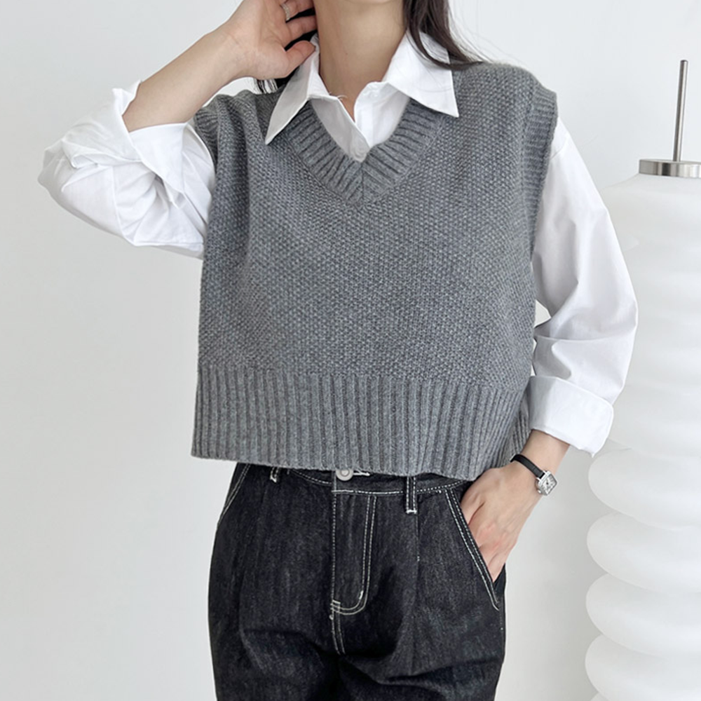 크롭니트조끼 루즈핏 봄 가을 간절기 레이어드 브이넥 베스트