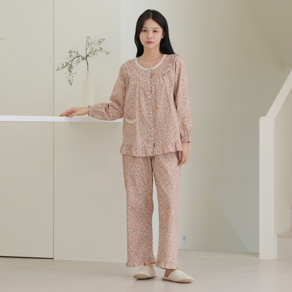 여자잠옷 순면 여성 잠옷 파자마 세트 플라워 꽃무늬 로맨틱 프릴 피어라 이미지 6