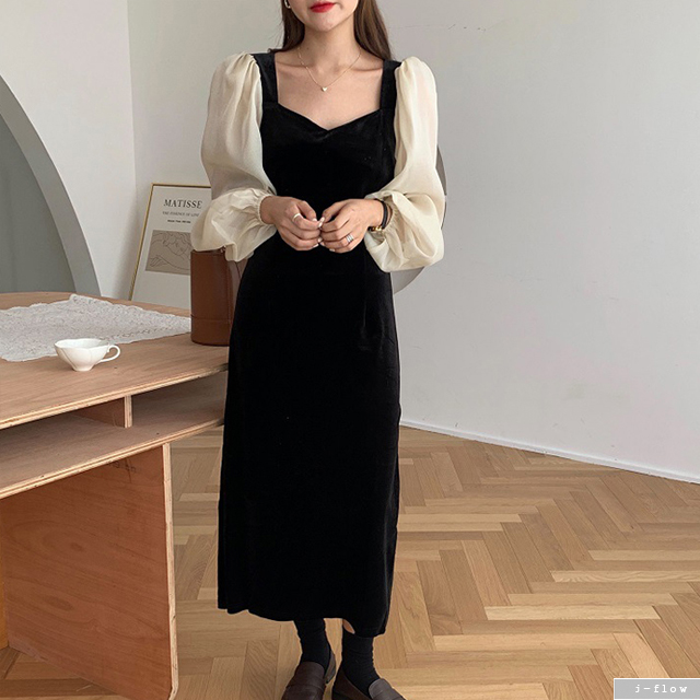 어반 레이어드 벨벳 롱 원피스 (블랙) 가을 겨울 시스루 슬림 하객 퍼프 벌룬 제이플로우