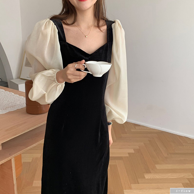 어반 레이어드 벨벳 롱 원피스 (블랙) 가을 겨울 시스루 슬림 하객 퍼프 벌룬 제이플로우