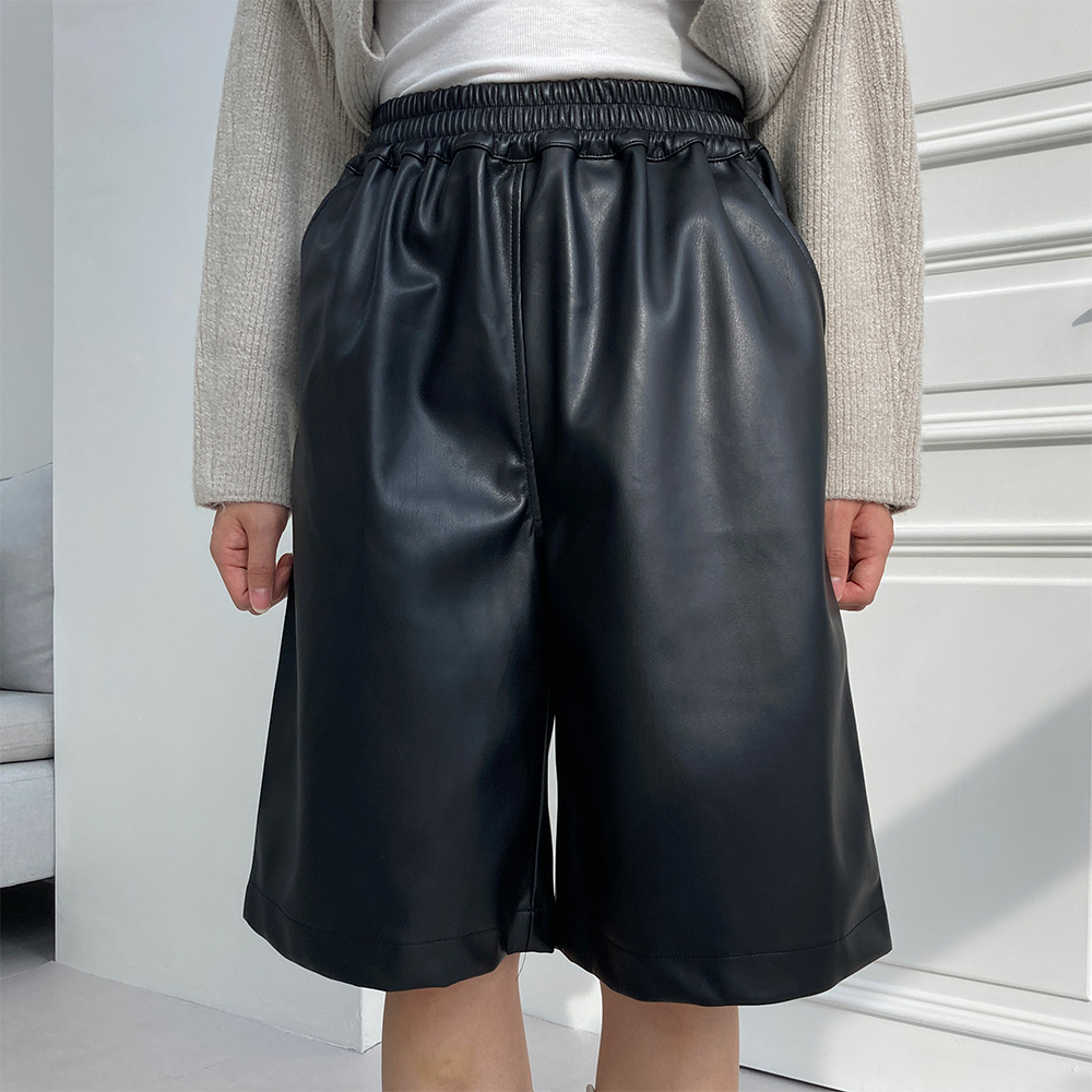 레더 미디 5부 팬츠 와이드 밴딩 기모 반바지 - 상세 이미지 2