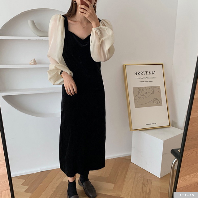 어반 레이어드 벨벳 롱 원피스 (블랙) 가을 겨울 시스루 슬림 하객 퍼프 벌룬 제이플로우