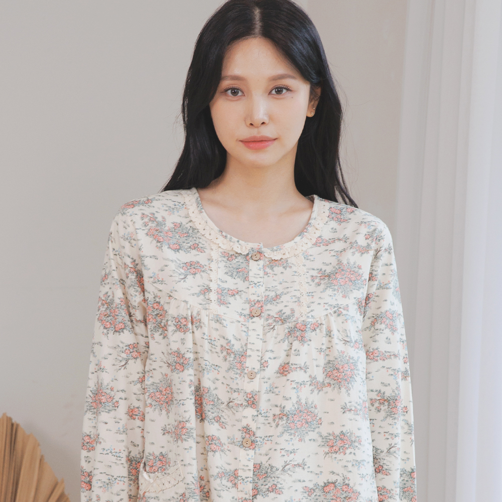 여자잠옷 순면 여성 잠옷 파자마 세트 플라워 꽃무늬 로맨틱 프릴 아이비 이미지 8