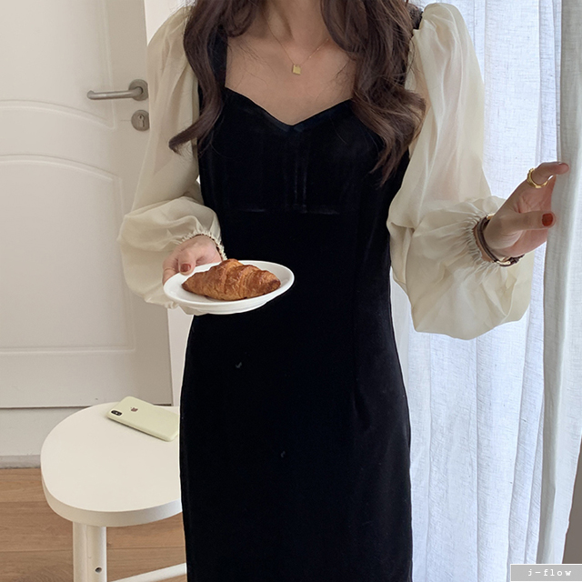 어반 레이어드 벨벳 롱 원피스 (블랙) 가을 겨울 시스루 슬림 하객 퍼프 벌룬 제이플로우