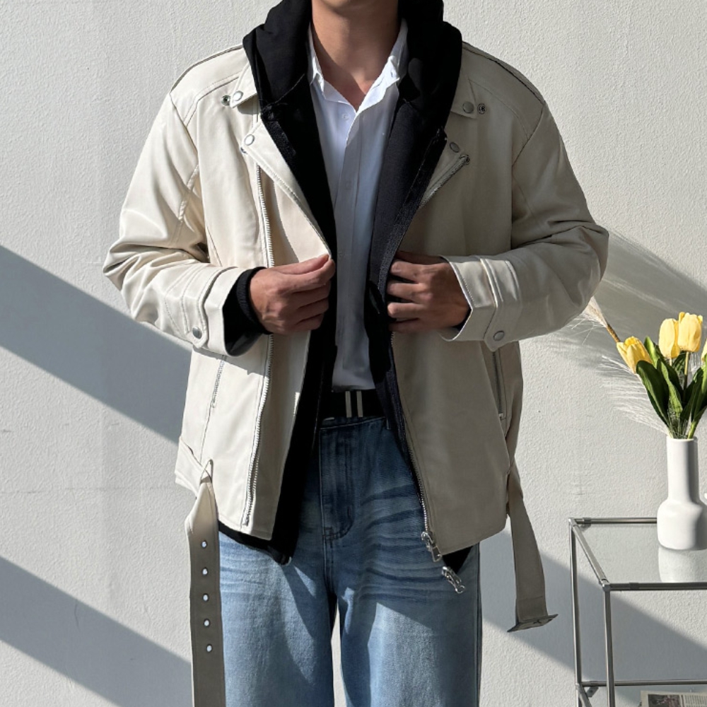 남자 튼모 오버핏 봄 가을 비건 레더 라이더 바이크 자켓