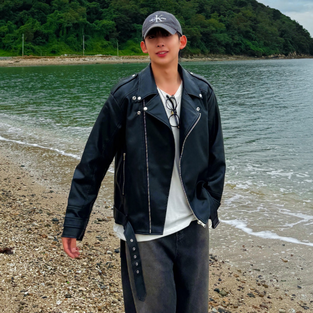 남자 튼모 오버핏 봄 가을 비건 레더 라이더 바이크 자켓 - 상세 이미지 2