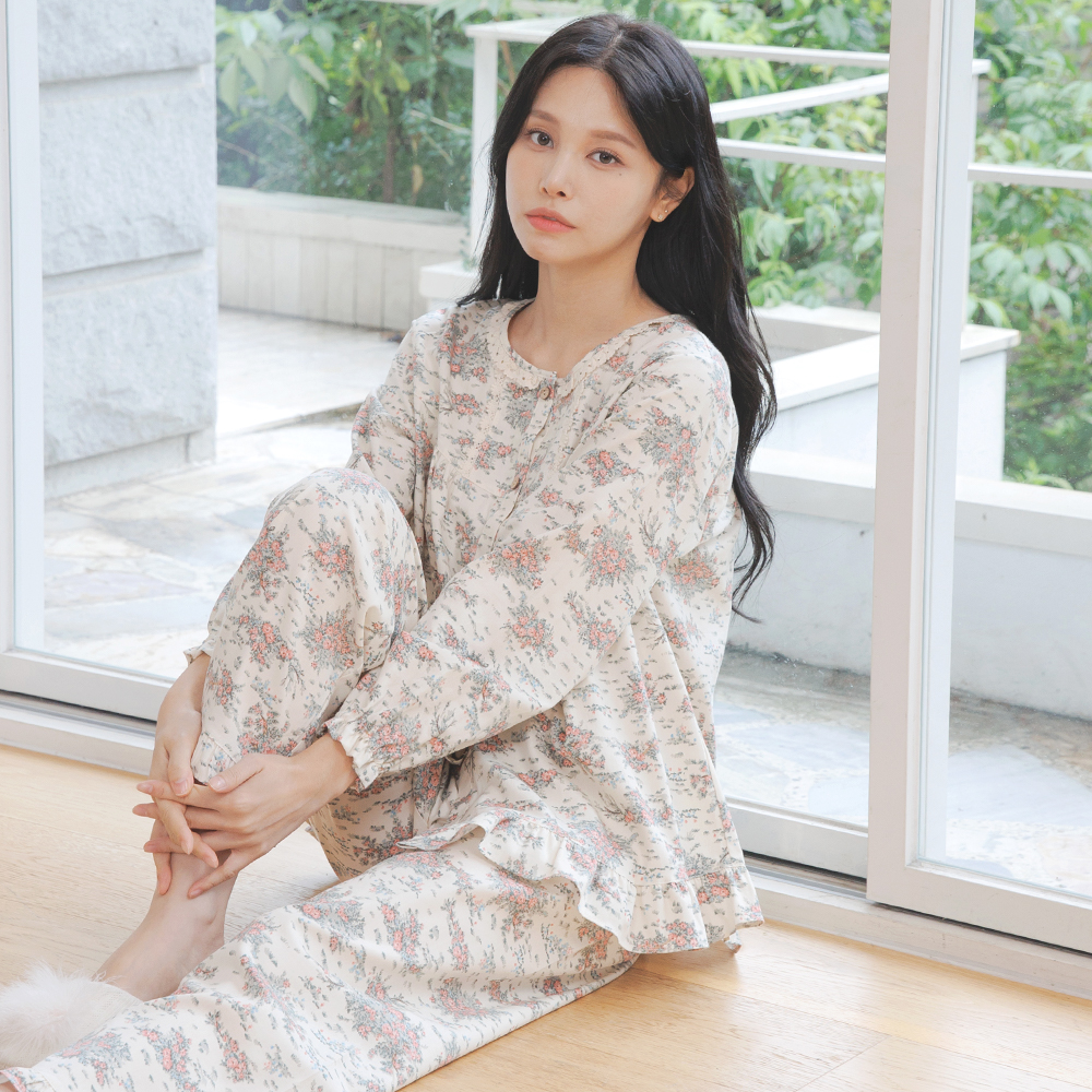 여자잠옷 순면 여성 잠옷 파자마 세트 플라워 꽃무늬 로맨틱 프릴 아이비 이미지 6