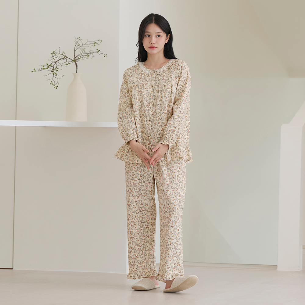여자잠옷 순면 여성 잠옷 파자마 세트 플라워 꽃무늬 로맨틱 프릴 풍경 - 상세 이미지 2