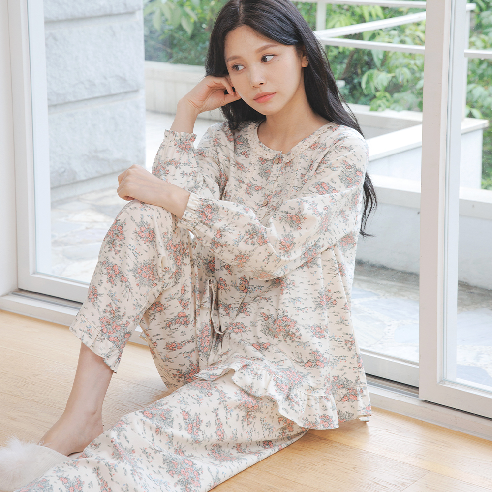 여자잠옷 순면 여성 잠옷 파자마 세트 플라워 꽃무늬 로맨틱 프릴 아이비 - 메인 이미지