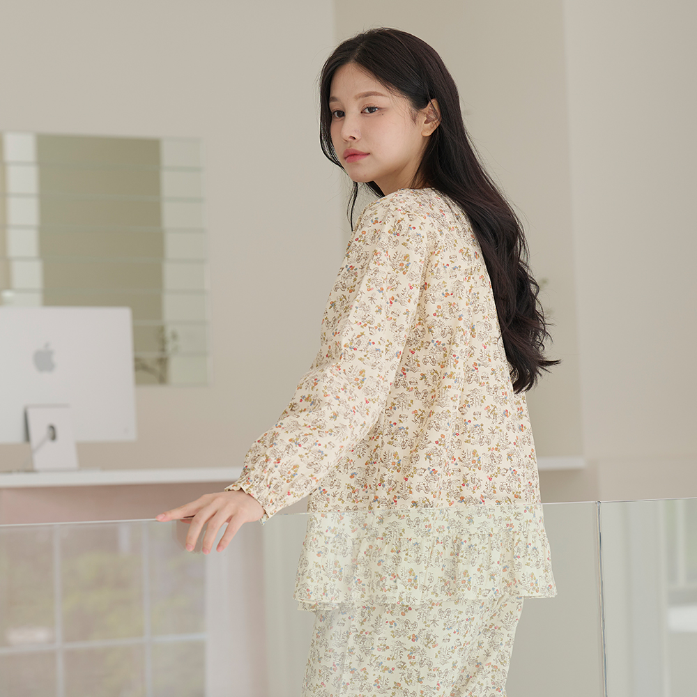 여자잠옷 순면 여성 잠옷 파자마 세트 플라워 꽃무늬 로맨틱 프릴 풍경 이미지 6